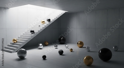 Empty square room with Stairs and spheres