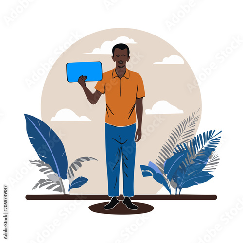 Man holding tablet in tropical flat illustration