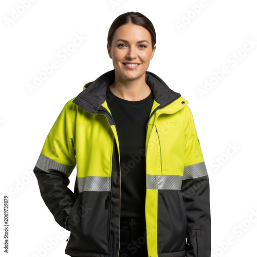 Smiling female construction worker wearing a high visibility jacket