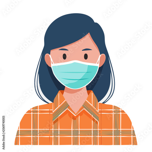 Woman wearing face mask in plaid shirt, flat vector illustration