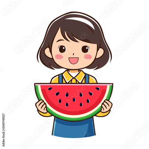 Cartoon girl holding watermelon slice vector illustration