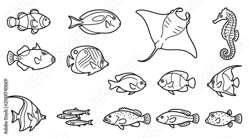 Foto Tropical marine fish and sea life line art icons