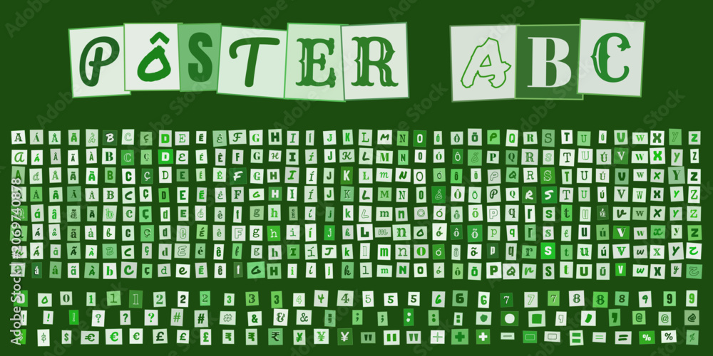 Fototapeta premium POSTER ABC, alfabeto estilo carta de resgate, conjunto de letras e numeros recortados para design grafico criativo e tipografia urbana