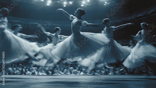 Ballet dancers performing on stage with dramatic lighting