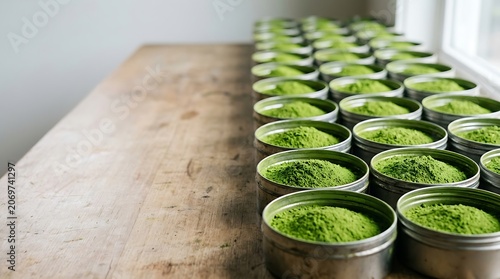 Green matcha tea powder in metal tins on wooden countertop