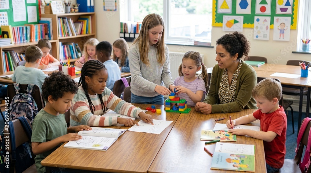Obraz premium Diverse elementary school students engaged in learning activities with their teacher in a bright classroom setting