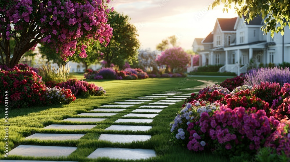 Obraz premium Vibrant Municipal Landscaping Project Showcasing Lush Lawn and Colorful Flower Beds in Residential Settings