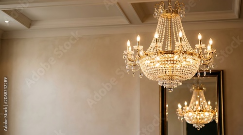Luxury crystal chandelier reflecting in a mirror inside classic room