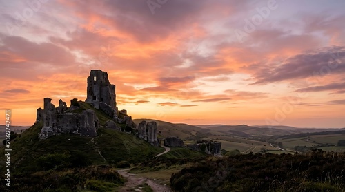 Ancient stone castle ruins on a grassy hill during a vibrant sunset