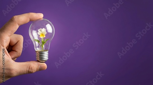 Hand holding a light bulb with a growing flower inside