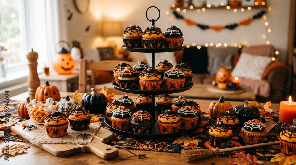 Fototapeta premium Festive Halloween cupcakes with spider web and spider decorations on a tiered stand with pumpkins and candy corn