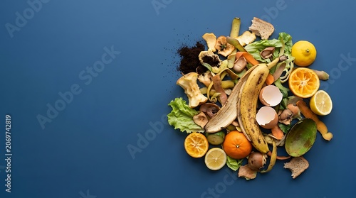 Organic food waste and kitchen scraps for composting on blue