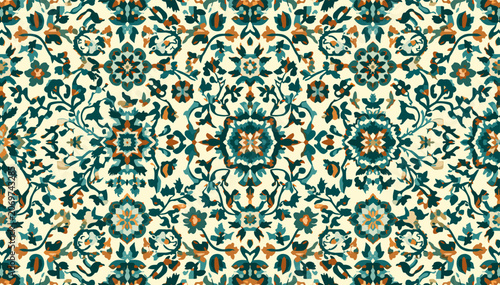 Tableau sur toile Intricate seamless pattern with ornate floral and foliate motifs in teal, orange, and cream, evoking traditional textile designs