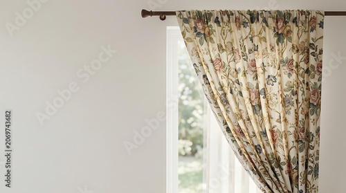 Classic floral window curtain on wooden rod against a white wall