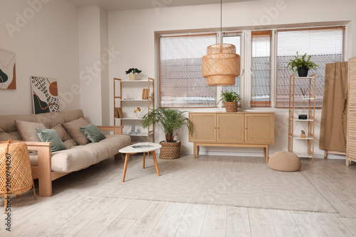 Cozy sofa, shelving unit an...