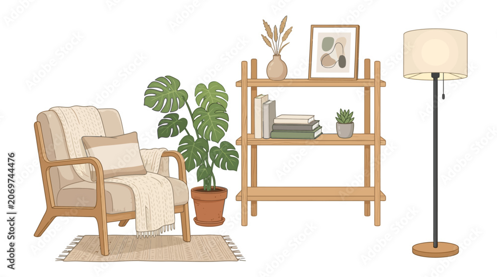 Fototapeta premium A serene living room scene with a chair, bookshelf, plant, lamp, and rug in a cozy interior setting indoors.