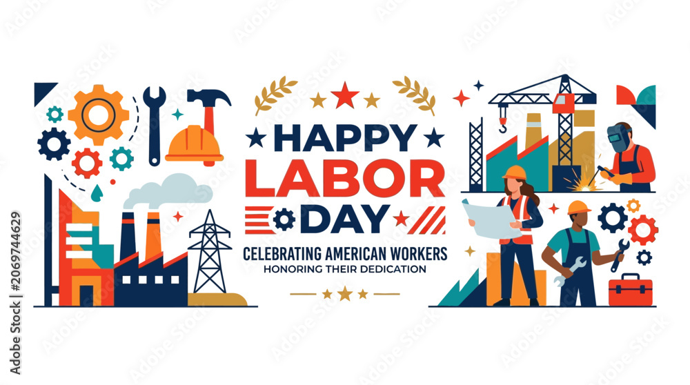 Fototapeta premium Workers celebrate Labor Day with tools and industry icons nearby outdoors