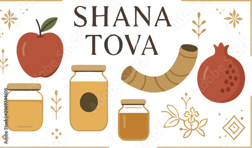 Fotografie Shana Tova greeting card with traditional Rosh Hashanah symbols like apple, honey, shofar, and pomegranate in a flat design