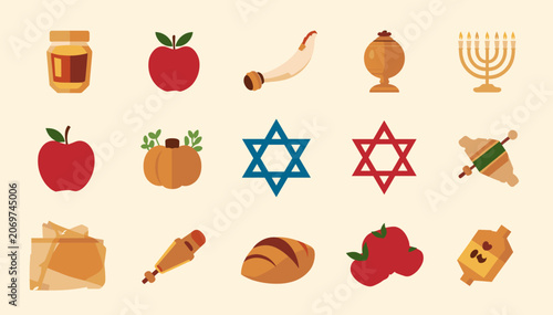 Obraz na płótnie A collection of traditional Jewish holiday symbols and items, including honey, apples, shofar, menorah, Stars of David, dreidels, challah, and pomegranates