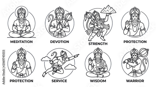 Schilderij op canvas Hindu deity hanuman icons representing meditation devotion and power