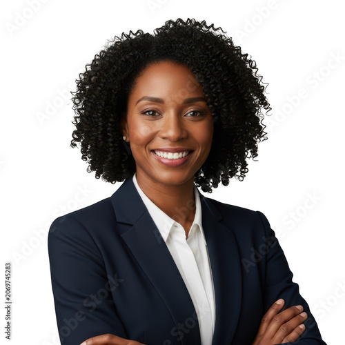 Happy smiling professional black business woman in a dark navy blazer