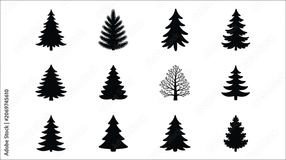Obraz premium Christmas tree silhouette illustration, festive holiday evergreen symbol, black pine tree vector design, winter season decoration element, traditional Christmas icon isolated on white background for g