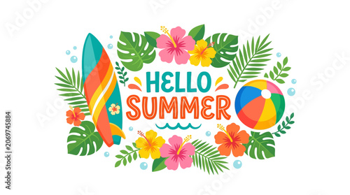 Photography Hello summer message with surfboard beach ball and tropical flowers