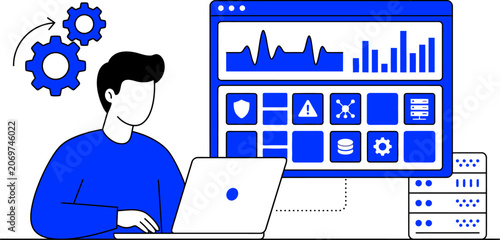 Digital dashboard and data analysis with a person and servers for web banner social media banner business presentation marketing meterial.