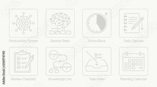 Productivity system, second brain, focus block, daily capture, review checklist, knowledge link, task inbox, planning calendar icons for business and organization concepts.