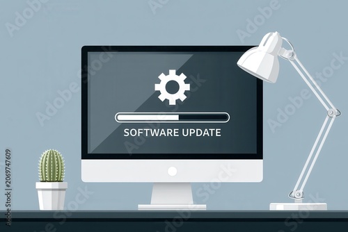 Software update progress bar illustration on a computer screen with gear icon and office accessories