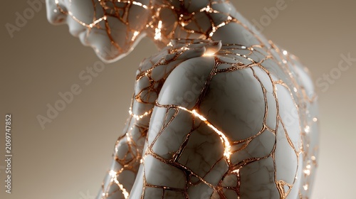 Minimalist 3D illustration of a white marble female torso with postpartum stretch marks repaired as glowing gold Kintsugi cracks on beige background.