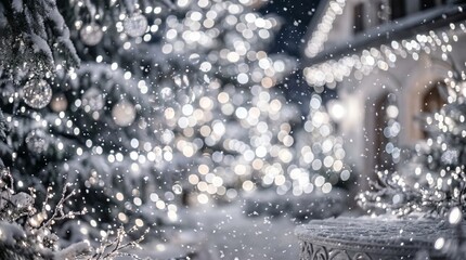 Snowy winter evening scene with blurred christmas tree lights, glowing fairy lights on a house facade, and falling snowflakes in bokeh