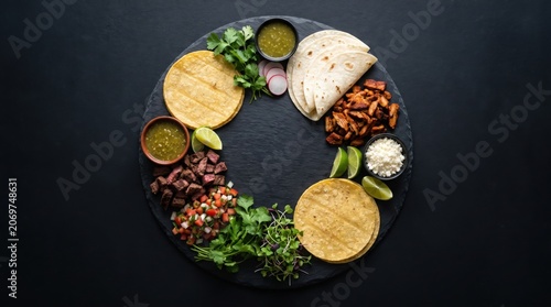 Mexican taco bar platter with assorted meats and fresh toppings on slate