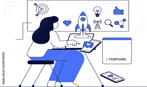 Woman working on digital marketing strategy with startup rocket and social media for web banner social media banner business presentation marketing meterial.