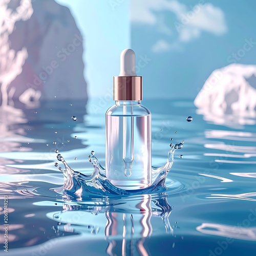 A clear dropper bottle in water with icebergs