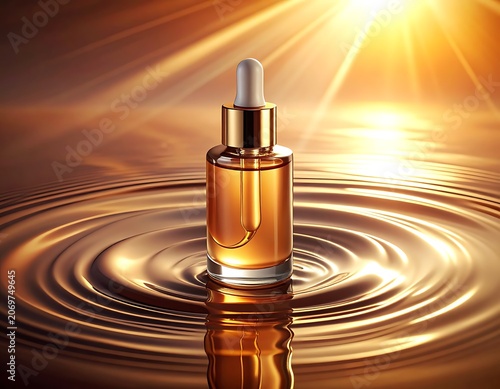 A golden serum bottle floats on rippling water with sunlight