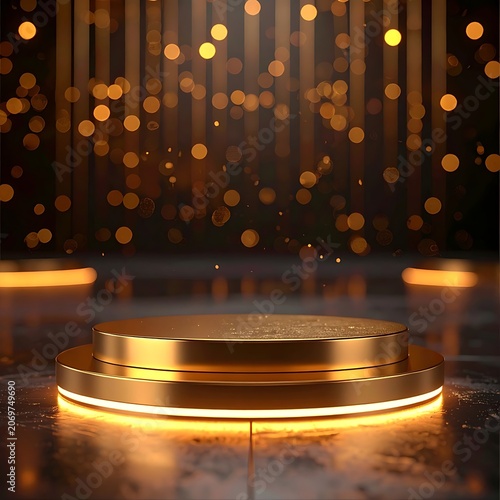 A golden podium with lights on a dark background with bokeh