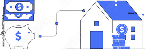 Piggy bank and bills connect to house with stacked coins for web banner social media banner business presentation marketing meterial.