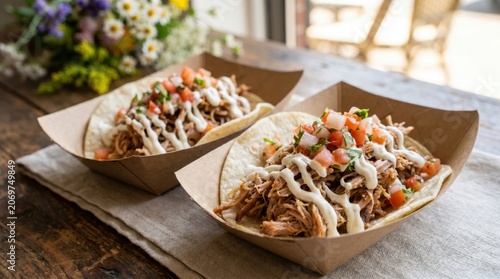 Delicious Pulled Pork Tacos with Fresh Pico de Gallo and Crema served at a Taco Bar