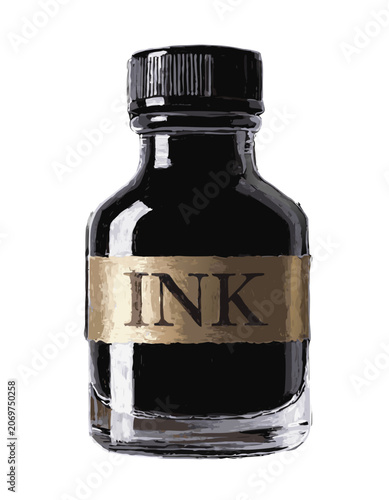 a small square glass bottle of black ink with a gold label reading 