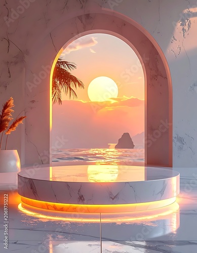 A serene tropical scene through an archway