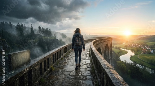 World Mental Health Day Young woman walking on a stone bridge during a beautiful sunset