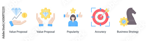 Photos Business value icon set featuring value proposition,strategy,popularity and accuracy concepts for marketing,branding and business development projects