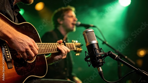 Musician performing live on stage with acoustic guitar and vintage microphone, singer in background, green stage lighting, concert atmosphere, musical performance