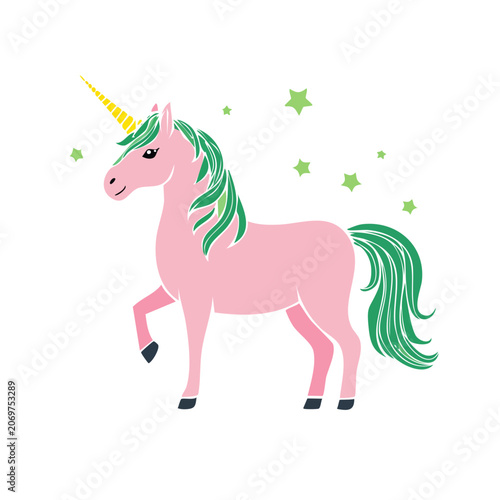 Pink unicorn with green mane and tail vector illustration