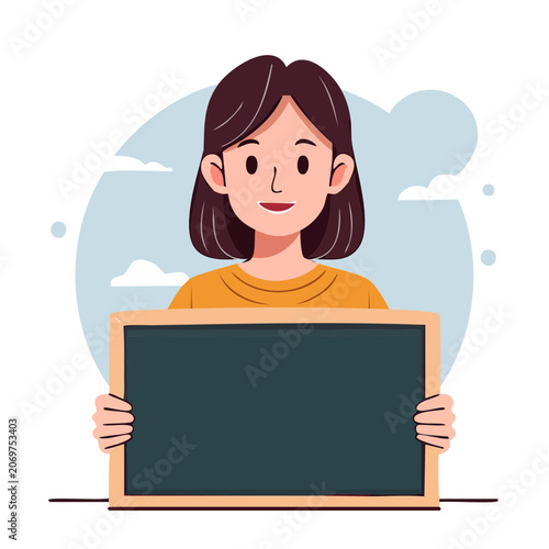 Woman holding blank chalkboard illustration