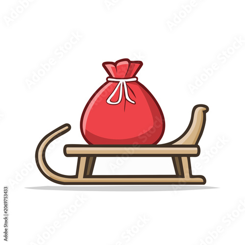 Wooden sleigh with red gift bag, flat vector illustration
