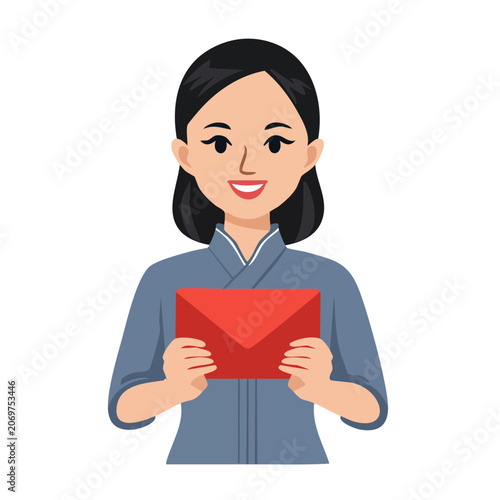 Woman in traditional clothing holding red envelope