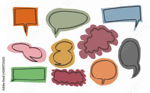 Colorful hand drawn speech bubbles vector set isolated on white background, doodle thought cloud and comic chat balloon collection for graphic design, messaging text frame outline element