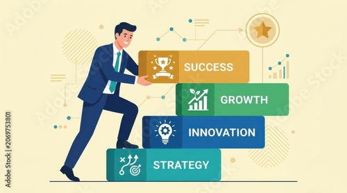 Businessman climbing steps to success with strategy innovation growth